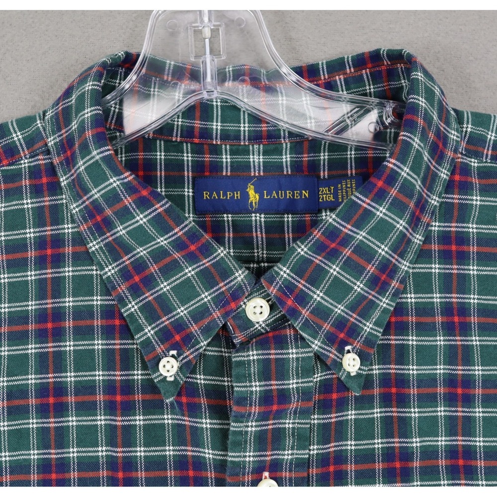 Ralph Lauren Shirt 2XLT Blue Green Plaid Long Sleeve Cotton Flesh Pony Tartan‎